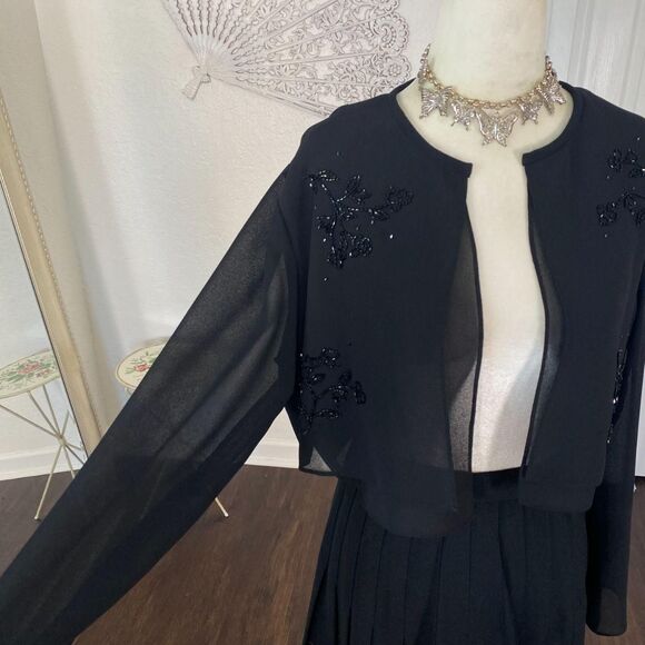 Vintage Whimsygoth Black Sheer Cropped Sequin Beaded Open Front Mesh Cardigan M - Picture 5 of 7